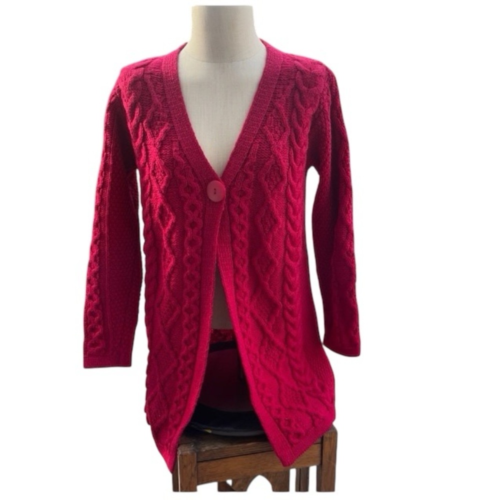 ARAN‎ CRAFTS IRELAND Red 100% Merino Wool Cable Knit Cardigan Sweater Small